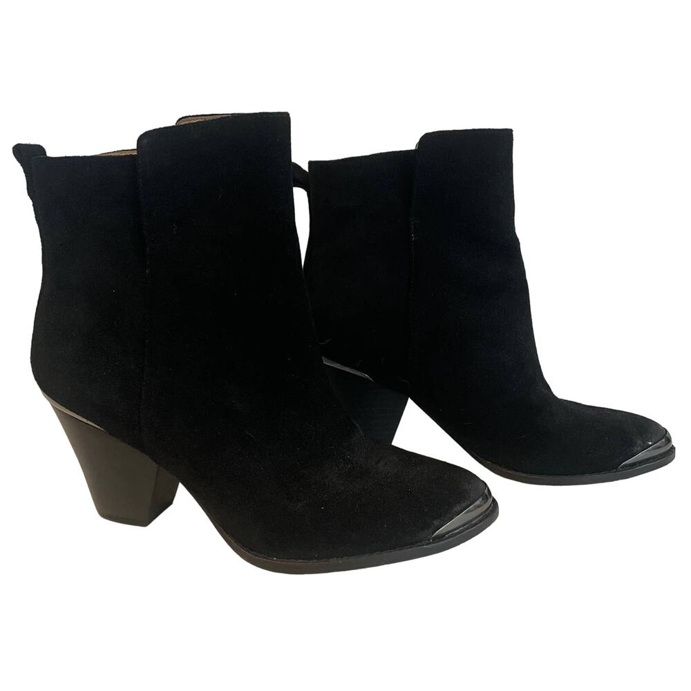 Ella Moss 8.5 Black Suede Booties Metallic Toe Cap Heel Accent Chic Boho Vintage
